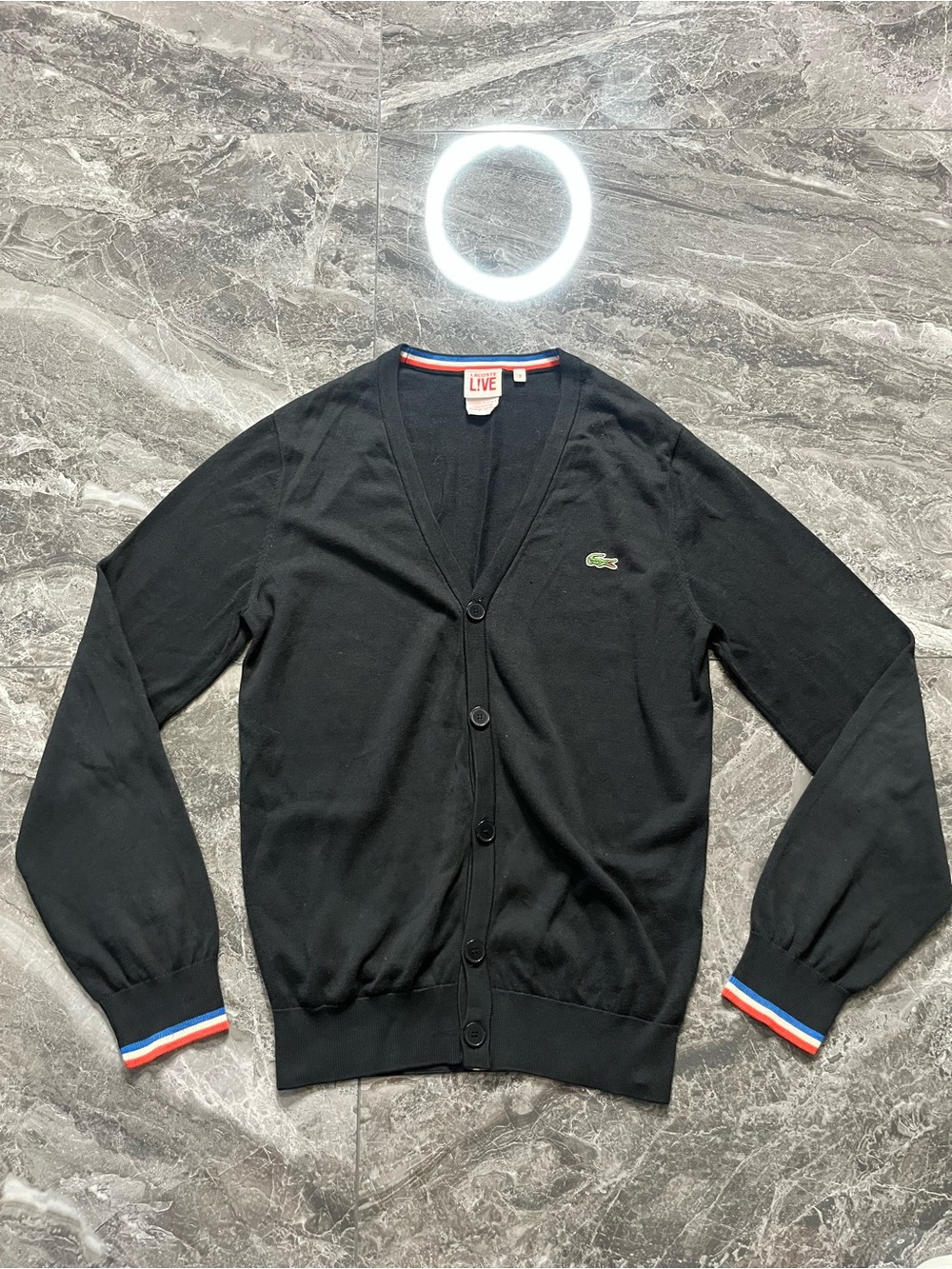 Lacoste Live Cardigan Sweater Mens 2 Small XS Black Tricolor Trim Cotton V Neck